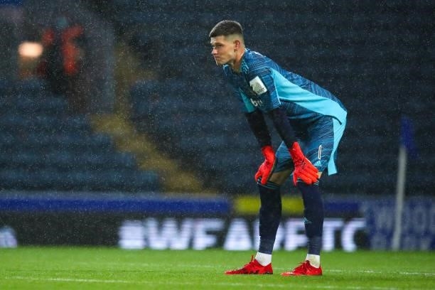 Illan Meslier of Leeds United uring the Pre-Season Friendly match between Blackburn Rovers and Leeds United at Ewood Park on July 28, 2021 in...