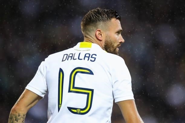 Stuart Dallas of Leeds United during the Pre-Season Friendly match between Blackburn Rovers and Leeds United at Ewood Park on July 28, 2021 in...