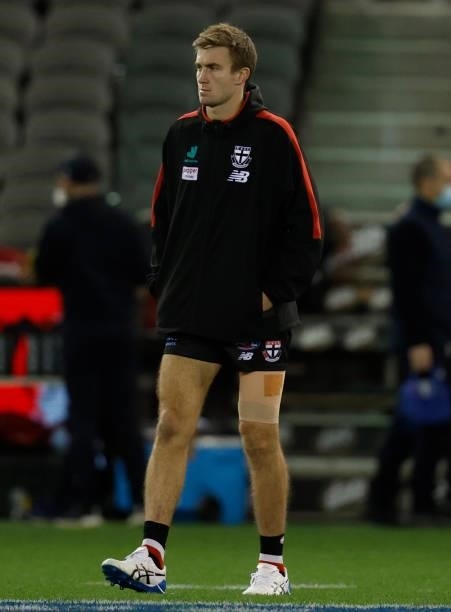 Dougal Howard of the Saints reacts after the 2021 AFL Round 20 match between the St Kilda Saints and the Carlton Blues at Marvel Stadium on July 30,...