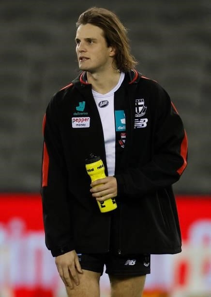 Hunter Clark of the Saints reacts after the 2021 AFL Round 20 match between the St Kilda Saints and the Carlton Blues at Marvel Stadium on July 30,...