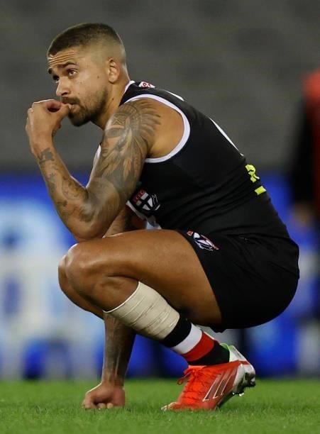 Bradley Hill of the Saints looks dejected after a loss during the 2021 AFL Round 20 match between the St Kilda Saints and the Carlton Blues at Marvel...