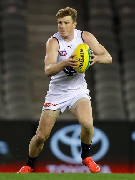 Jack Newnes of the Blues in action during the 2021 AFL Round 20 match between the St Kilda Saints and the Carlton Blues at Marvel Stadium on July 30,...