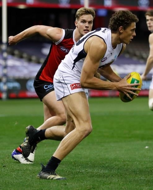 Charlie Curnow of the Blues in action during the 2021 AFL Round 20 match between the St Kilda Saints and the Carlton Blues at Marvel Stadium on July...