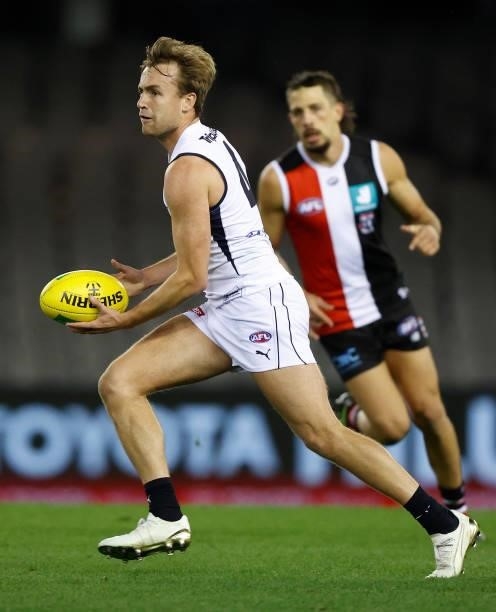 Lochie O'Brien of the Blues in action during the 2021 AFL Round 20 match between the St Kilda Saints and the Carlton Blues at Marvel Stadium on July...