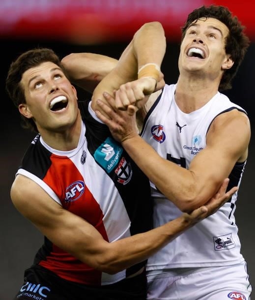 Rowan Marshall of the Saints and Jack Silvagni of the Blues compete in a ruck contest during the 2021 AFL Round 20 match between the St Kilda Saints...