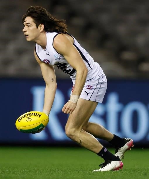 Zac Fisher of the Blues in action during the 2021 AFL Round 20 match between the St Kilda Saints and the Carlton Blues at Marvel Stadium on July 30,...