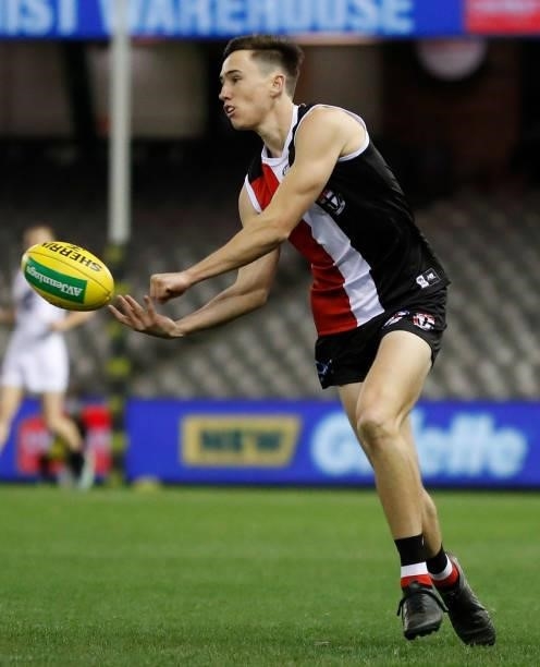 Cooper Sharman of the Saints in action during the 2021 AFL Round 20 match between the St Kilda Saints and the Carlton Blues at Marvel Stadium on July...