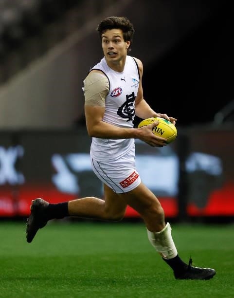 Jack Silvagni of the Blues in action during the 2021 AFL Round 20 match between the St Kilda Saints and the Carlton Blues at Marvel Stadium on July...