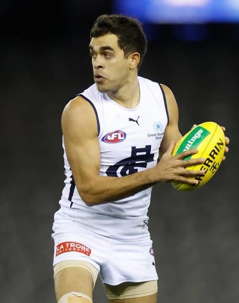Jack Martin of the Blues in action during the 2021 AFL Round 20 match between the St Kilda Saints and the Carlton Blues at Marvel Stadium on July 30,...