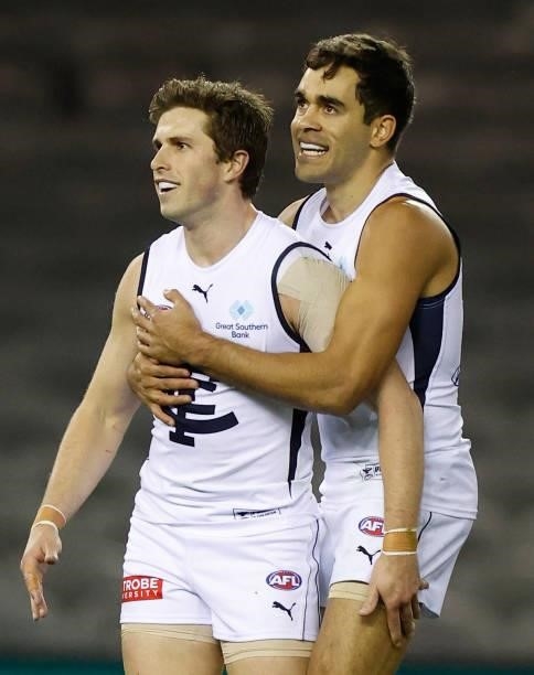 Marc Murphy and Jack Martin of the Blues celebrate during the 2021 AFL Round 20 match between the St Kilda Saints and the Carlton Blues at Marvel...