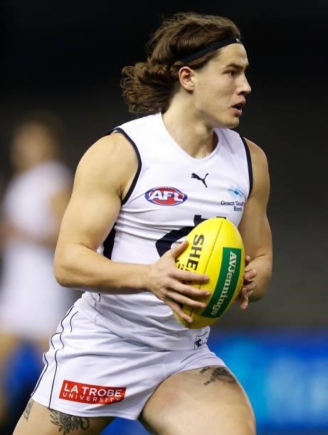 Liam Stocker of the Blues in action during the 2021 AFL Round 20 match between the St Kilda Saints and the Carlton Blues at Marvel Stadium on July...