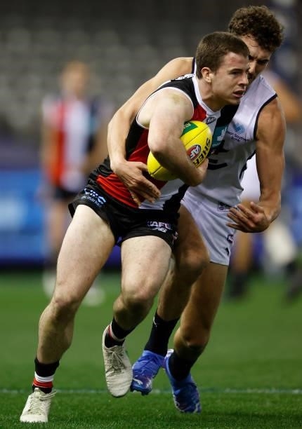 Jack Higgins of the Saints in action during the 2021 AFL Round 20 match between the St Kilda Saints and the Carlton Blues at Marvel Stadium on July...