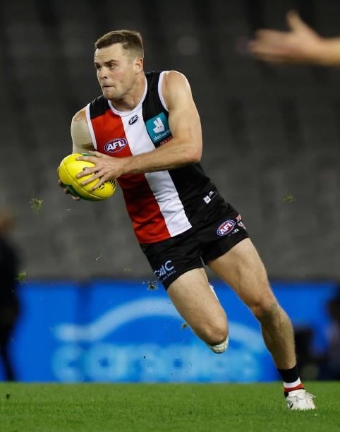 Brad Crouch of the Saints in action during the 2021 AFL Round 20 match between the St Kilda Saints and the Carlton Blues at Marvel Stadium on July...