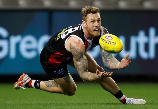 Tim Membrey of the Saints marks the ball during the 2021 AFL Round 20 match between the St Kilda Saints and the Carlton Blues at Marvel Stadium on...