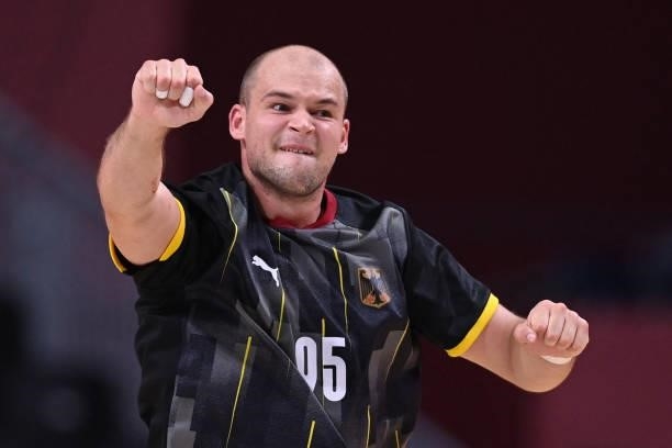 Germany's left back Paul Drux celebrates after scoring during the men's preliminary round group A handball match between Germany and Norway of the...