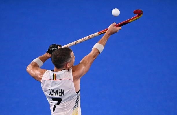 Belgium's John-John Dominique Dohmen controls the ball during the men's pool B match of the Tokyo 2020 Olympic Games field hockey competition against...
