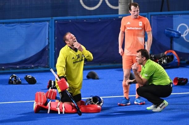 Netherlands' goalkeeper Pirmin Blaak gestures during the men's pool B match of the Tokyo 2020 Olympic Games field hockey competition against Germany,...