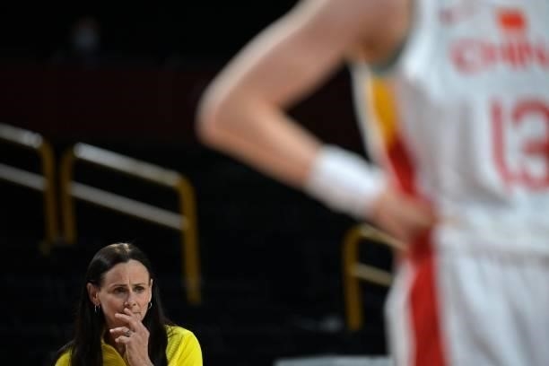 Australia's team coach Sandy Brondello watches the women's preliminary round group C basketball match between China and Australia during the Tokyo...