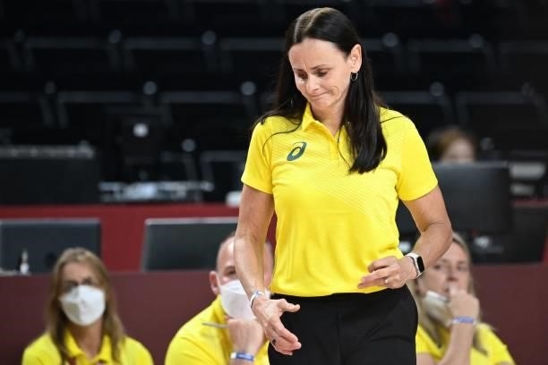 Australia's team coach Sandy Brondello reacts after a point in the women's preliminary round group C basketball match between China and Australia...
