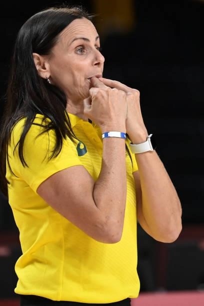 Australia's team coach Sandy Brondello gestures to her players on court in the women's preliminary round group C basketball match between China and...