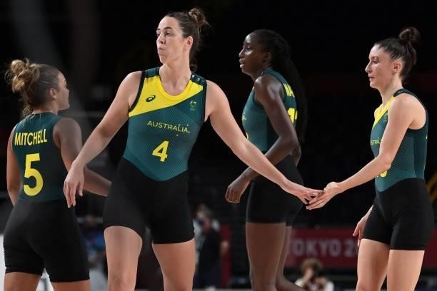 Australian players walk off the court after the women's preliminary round group C basketball match between China and Australia during the Tokyo 2020...
