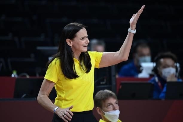 Australia's team coach Sandy Brondello gestures to her players on court in the women's preliminary round group C basketball match between China and...