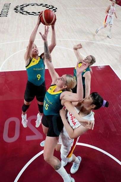 Australia's Bec Allen and Cayla George jump for the rebound in the women's preliminary round group C basketball match between China and Australia...