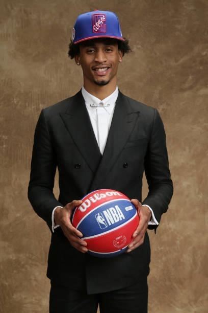 Keon Johnson poses for a portrait after being drafted by by the LA Clippers during the 2021 NBA Draft on July 29, 2021 at Barclays Center in...