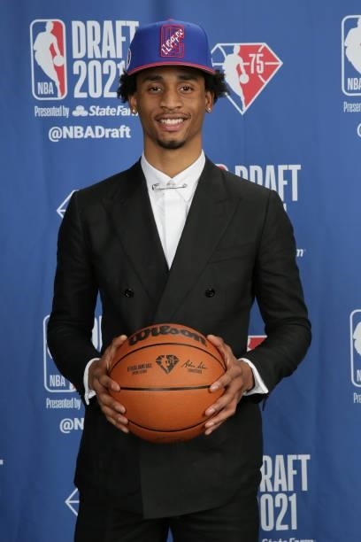 Keon Johnson poses for a portrait after being drafted by by the LA Clippers during the 2021 NBA Draft on July 29, 2021 at Barclays Center in...