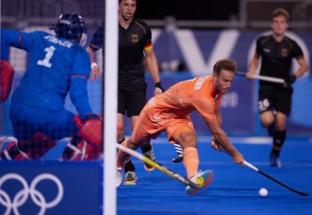 Jeroen Hertzberger of Netherlands controls the ball during the Men's Pool B - Hockey Match between Germany and Netherlands on day seven of the Tokyo...