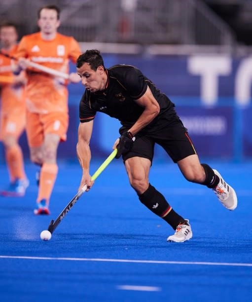 Timur Oruz of Germany controls the ball during the Men's Pool B - Hockey Match between Germany and Netherlands on day seven of the Tokyo 2020 Olympic...
