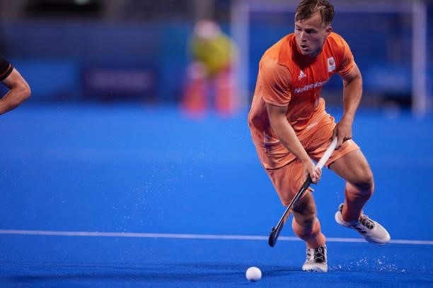 Thijs Johannes Reinier van Dam of Netherlands controls the ball during the Men's Pool B - Hockey Match between Germany and Netherlands on day seven...