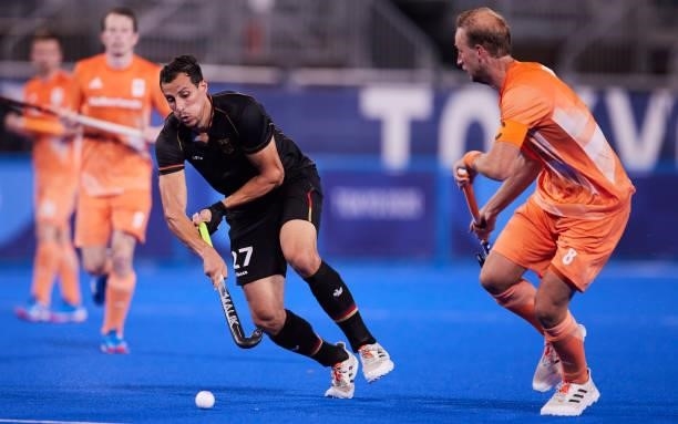 Timur Oruz of Germany controls the ball during the Men's Pool B - Hockey Match between Germany and Netherlands on day seven of the Tokyo 2020 Olympic...