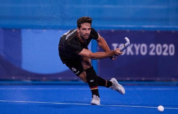 Lukas Windfeder of Germany controls the ball during the Men's Pool B - Hockey Match between Germany and Netherlands on day seven of the Tokyo 2020...
