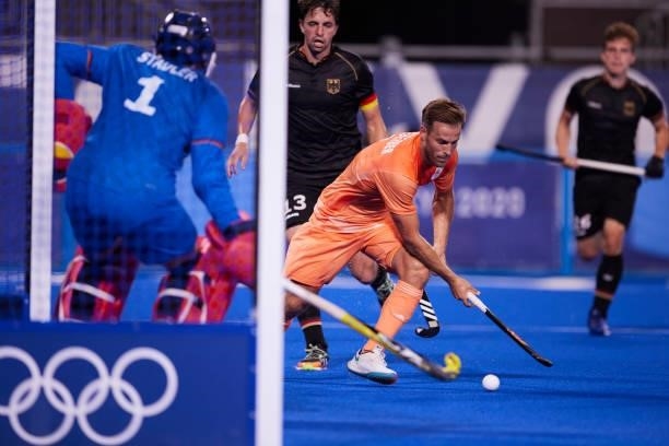 Jeroen Hertzberger of Netherlands controls the ball during the Men's Pool B - Hockey Match between Germany and Netherlands on day seven of the Tokyo...