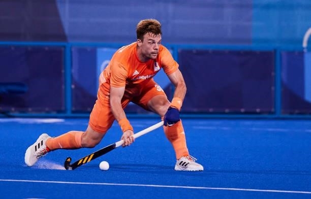 Justen Blok of Netherlands controls the ball during the Men's Pool B - Hockey Match between Germany and Netherlands on day seven of the Tokyo 2020...