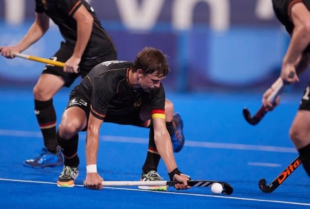 Florian Fuchs of Germany controls the ball during the Men's Pool B - Hockey Match between Germany and Netherlands on day seven of the Tokyo 2020...