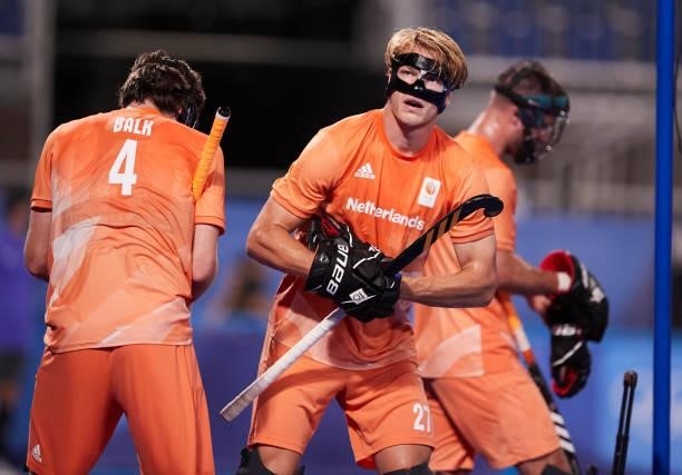 Jip Janssen of Netherlands looks on during the Men's Pool B - Hockey Match between Germany and Netherlands on day seven of the Tokyo 2020 Olympic...