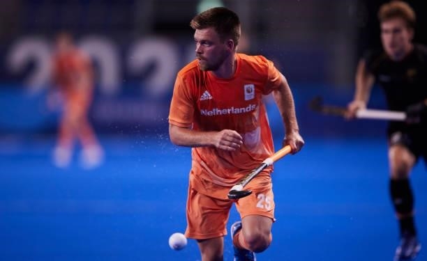 Thierry Brinkman of Netherlands controls the ball during the Men's Pool B - Hockey Match between Germany and Netherlands on day seven of the Tokyo...