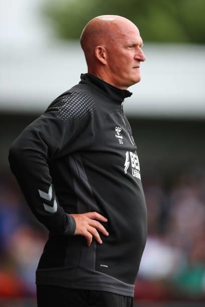 Simon Grayson the head coach / manager of Fleetwood Town looks on during the Pre-Season Friendly match between Fleetwood Town and Leeds United at...