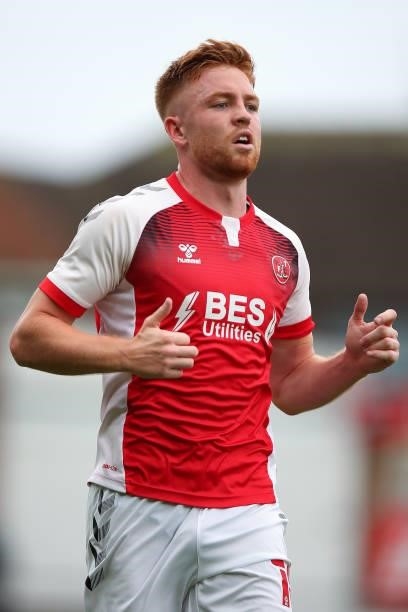 Callum Camps of Fleetwood Town during the Pre-Season Friendly match between Fleetwood Town and Leeds United at Highbury Stadium on July 30, 2021 in...