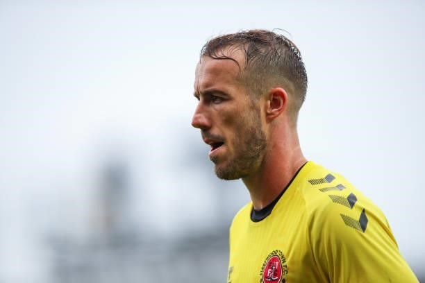 Alex Cairns of Fleetwood Town during the Pre-Season Friendly match between Fleetwood Town and Leeds United at Highbury Stadium on July 30, 2021 in...