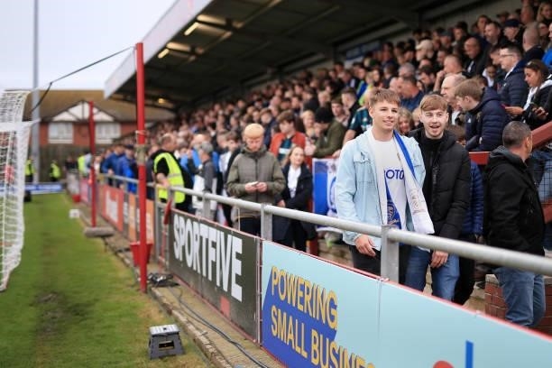 Fans mingle during the Pre-Season Friendly match between Fleetwood Town and Leeds United at Highbury Stadium on July 30, 2021 in Fleetwood, England.