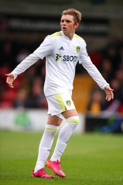 Max Dean of Leeds United during the Pre-Season Friendly match between Fleetwood Town and Leeds United at Highbury Stadium on July 30, 2021 in...