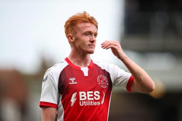Callum Morton of Fleetwood Town during the Pre-Season Friendly match between Fleetwood Town and Leeds United at Highbury Stadium on July 30, 2021 in...