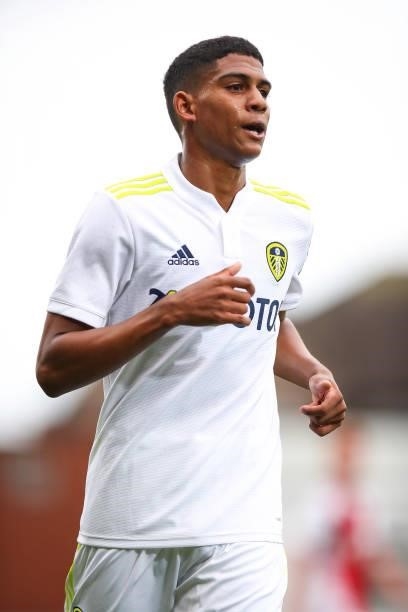 Cody Drameh of Leeds United during the Pre-Season Friendly match between Fleetwood Town and Leeds United at Highbury Stadium on July 30, 2021 in...