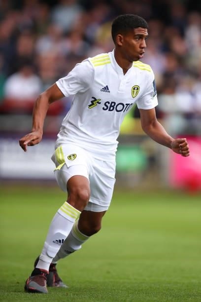 Cody Drameh of Leeds United during the Pre-Season Friendly match between Fleetwood Town and Leeds United at Highbury Stadium on July 30, 2021 in...