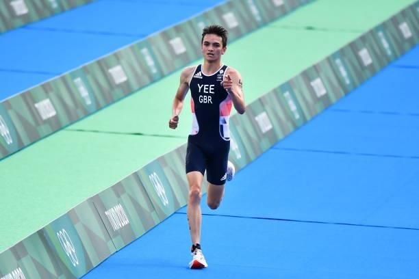 Alex YEE of Great Britain celebrates the victory during the Triathlon Mixed Relay at Odaiba Marine Park on July 31, 2021 in Tokyo, Japan.
