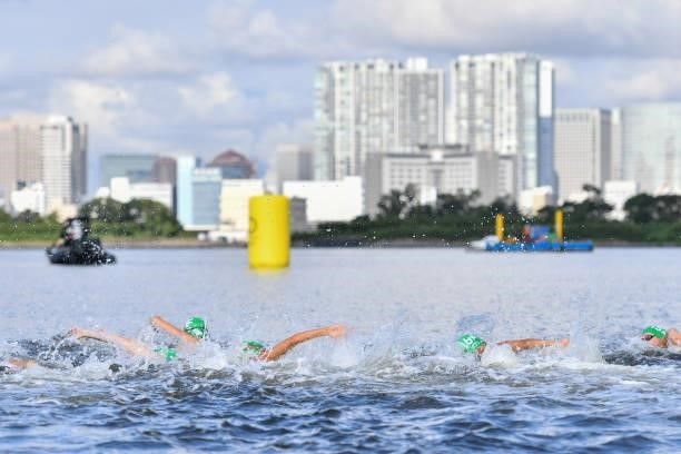 Illustration picture shows athletes swimming during the Triathlon Mixed Relay at Odaiba Marine Park on July 31, 2021 in Tokyo, Japan.