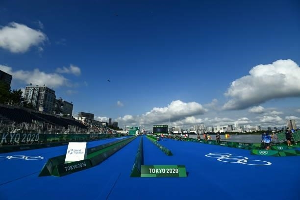 General view of the finish line and the transition area during the Triathlon Mixed Relay at Odaiba Marine Park on July 31, 2021 in Tokyo, Japan.